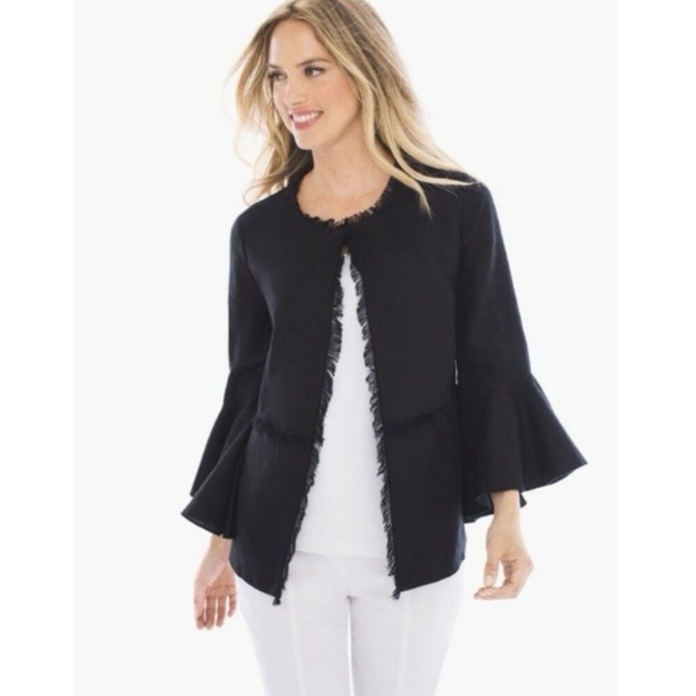 Chicos Linen Jacket Women 0 Small Black 3/4 Bell Sleeve Fringe Hem Hook Closure